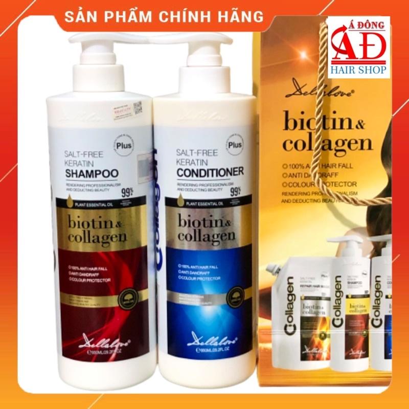 Bộ dầu gội xả DELLALOVE BIOTIN &amp; COLLAGEN KERRATIN phục hồi chống rụng kích thích mọc tóc 850ml