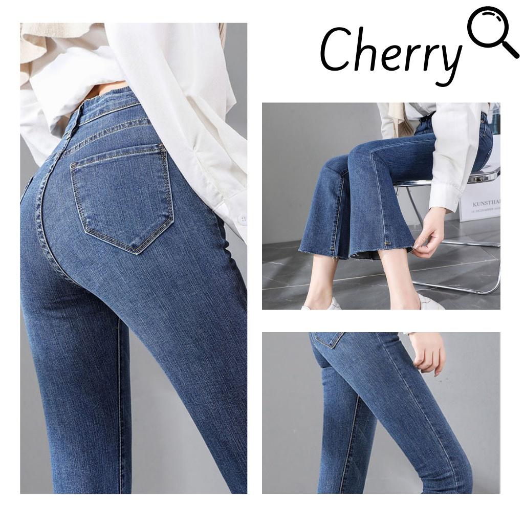 Quần jean nữ ống loe lửng lưng cao co giãn phong cách Hàn Quốc, quần bò nữ ống loe cạp cao chất xịn cao cấp CHERRY T025