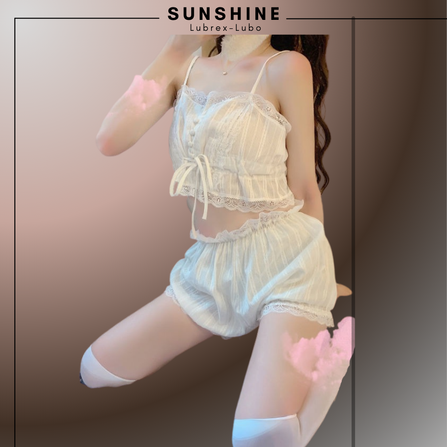 Bộ Đồ Ngủ- Mặc Nhà Quần Đùi Áo Croptop Hai Dây Ren Đũi Mỏng-SUNSHINE