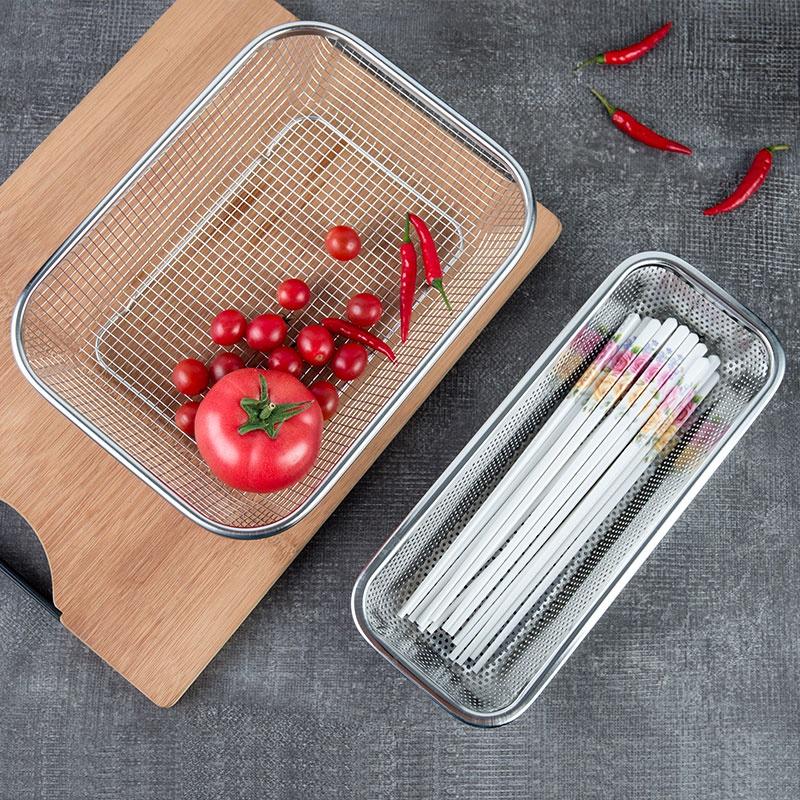 Rổ inox lưới thưa đựng thức ăn, rau củ quả hình chữ nhật 29x21x6cm siêu bền đẹp