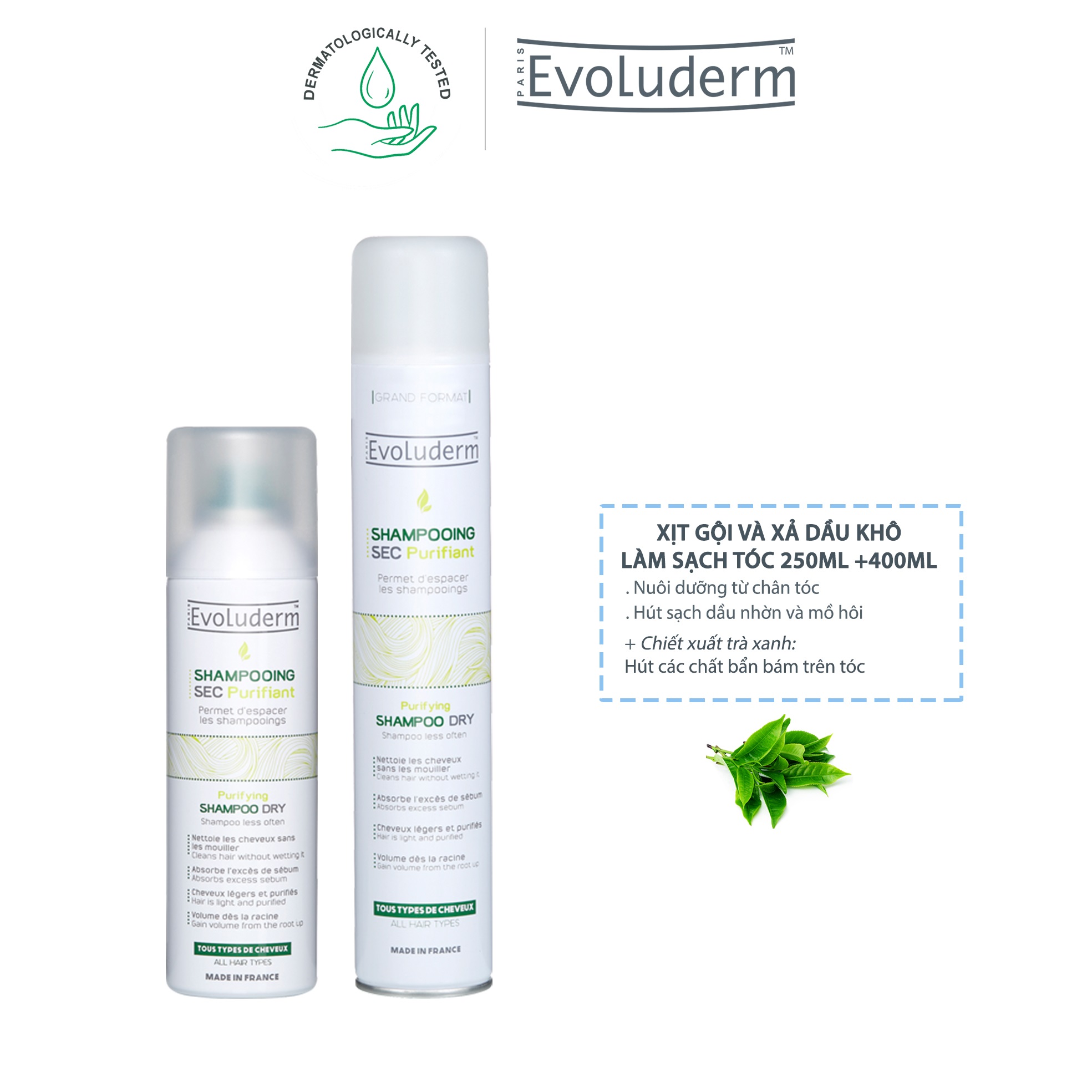 Combo Dầu gội đầu khô Evoluderm giúp tóc mềm mại, sạch sâu và thơm dịu 400ml và Dầu gội đầu khô Evoluderm giúp tóc mềm mại, sạch sâu và thơm dịu 200ml