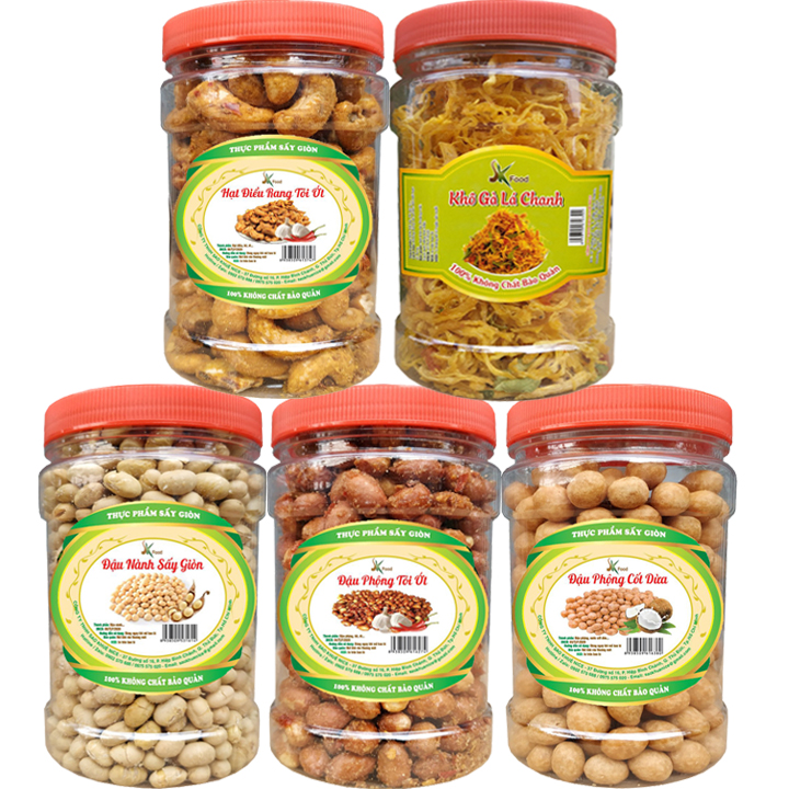 Combo 5 Hũ: ĐIỀU RANG TỎI ỚT 200G- KHÔ GÀ 100G- ĐẬU PHỘNG TỎI ỚT 200G- ĐẬU CỐT DỪA 200G- ĐẬU NÀNH 200G HIỆU SK FOOD