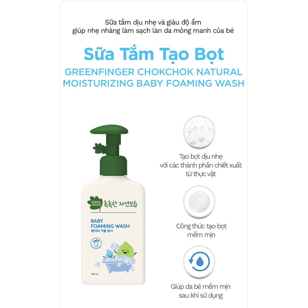 Sữa Tắm Tạo Bọt Dưỡng Ẩm Cho Bé Greenfinger ChokChok Moisture Baby Foaming Wash 320ml