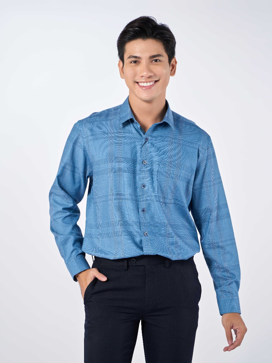 OWEN - Áo sơ mi dài tay Owen regular fit chất sợi tre kẻ ca rô xanh 220910