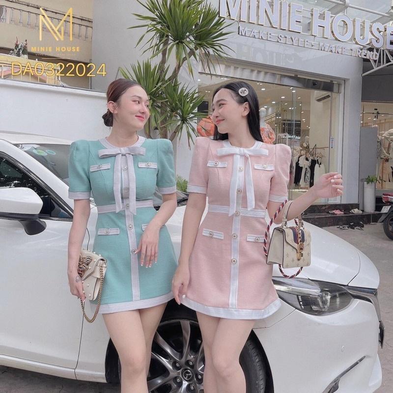 Đầm form A viền trắng túi nắp cổ nơ đi tiệc sang trọng chất xượt dày tay ngắn