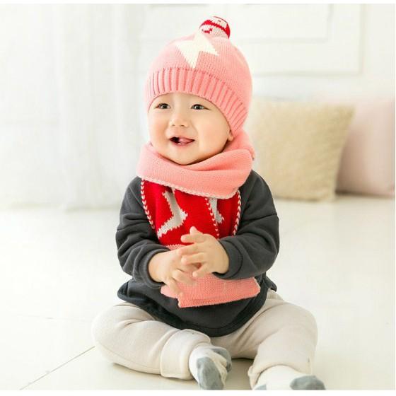 Set mũ và khăn len TIA CHỚP cho bé, mũ len kèm khăn cho bé trai bé gái từ 0-3 tuổi
