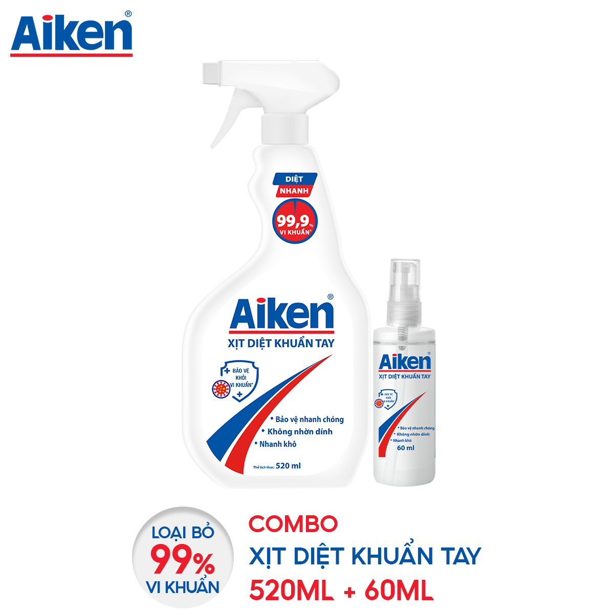 Combo xịt khuẩn tay chai 520ml và chai 60ml Aiken