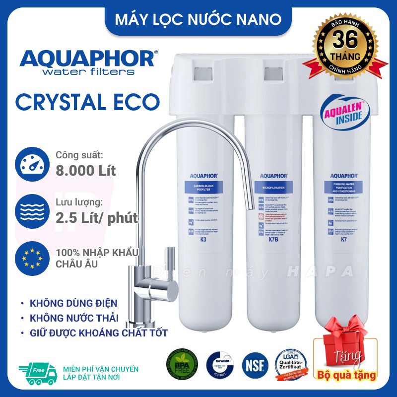 Máy Lọc Nước Uống Trực Tiếp AQUAPHOR CRYSTAL ECO Công Suất 8000 Lít, 3 Lõi Công Nghệ NANO Aqualen Độc Quyền Lưu Giữ Khoáng Chất Không Dùng Điện Không Nước Thải - Hàng Chính Hãng, Nhập Khẩu Châu Âu