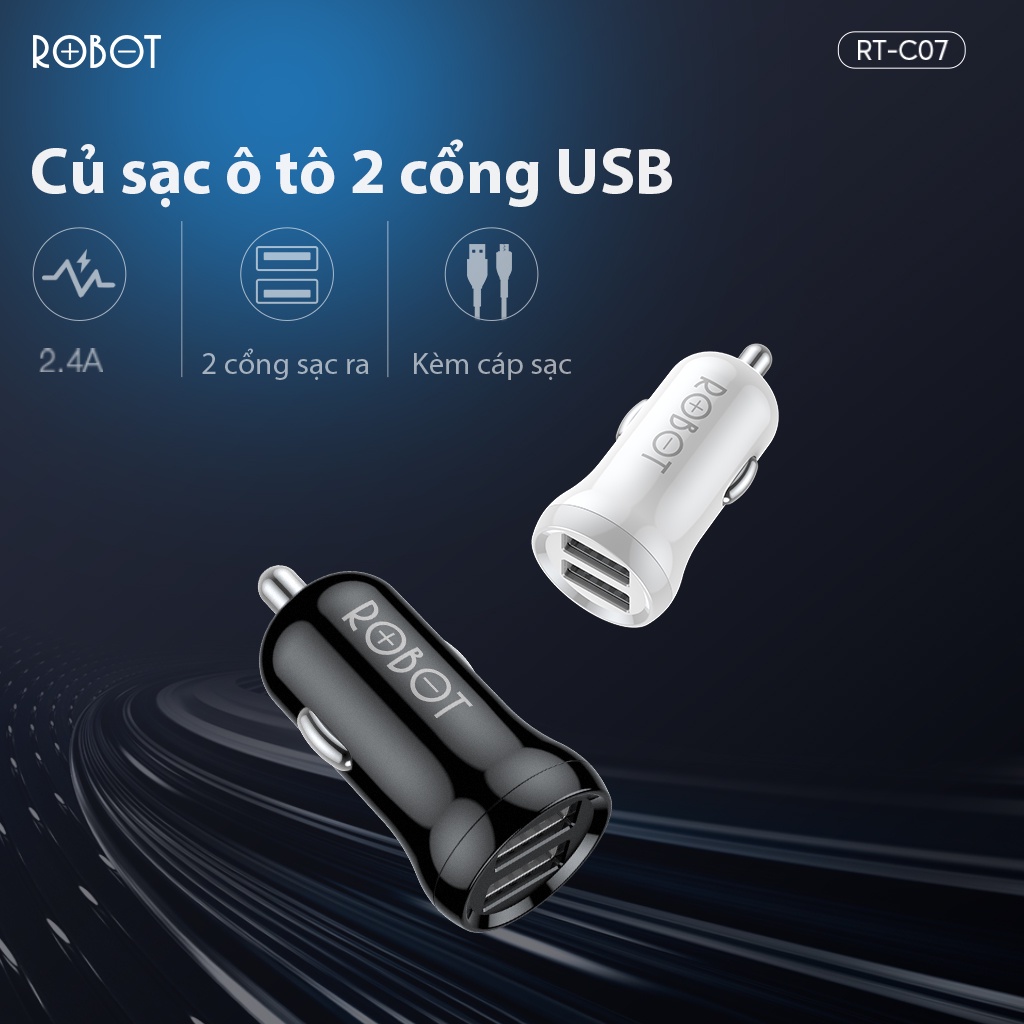 Tẩu Sạc Cốc Sạc Ô Tô ROBOT RT-C07 2 Cổng USB 2.4A Kèm Cáp Sạc - Hàng Chính Hãng