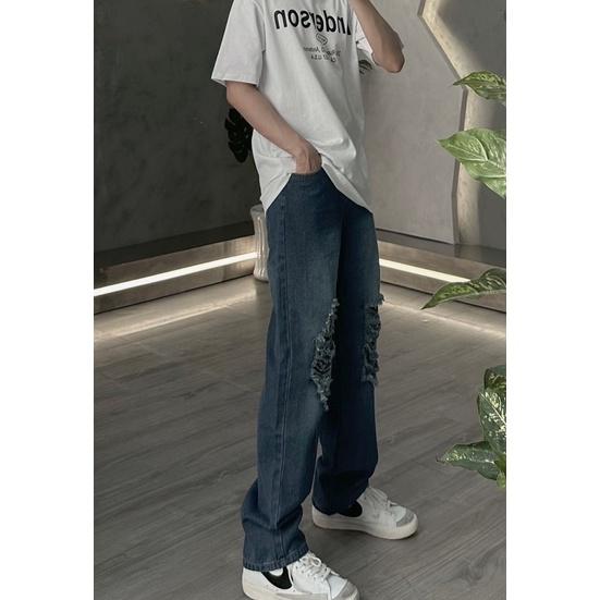 Baggy jeans rách gối tưa nhiều quần ống rộng nam wash 2 màu