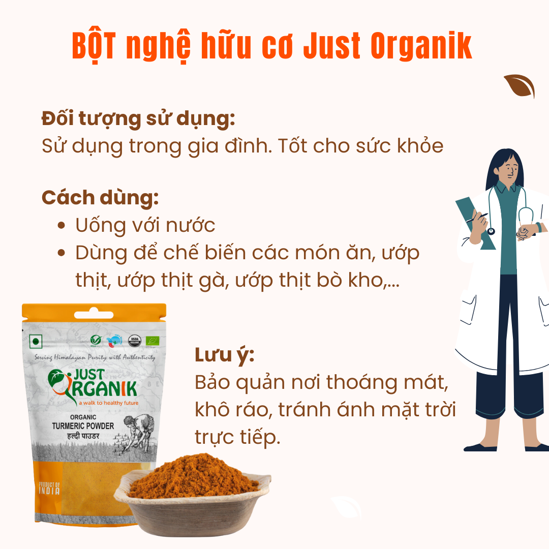 Bột Nghệ Hữu Cơ Cao Cấp Just Organik Tinh Chất Tự Nhiên Uống Trắng Da, Đẹp Da, Giảm Cân Nhập Khẩu Ấn Độ 100g