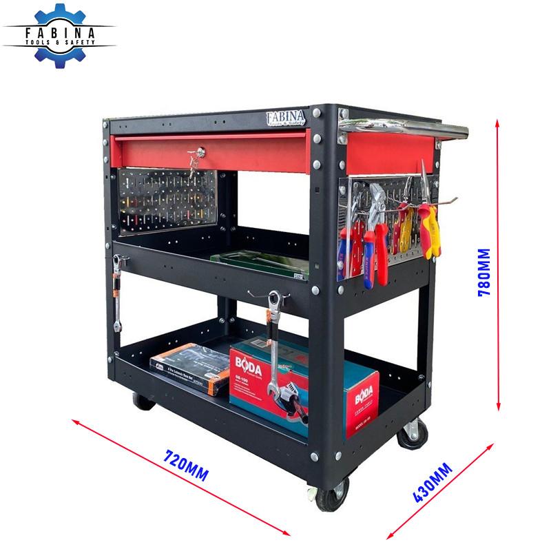 Xe đẩy 3 tầng màu đen 1 hộc kéo đỏ và phụ kiện Xi mạ