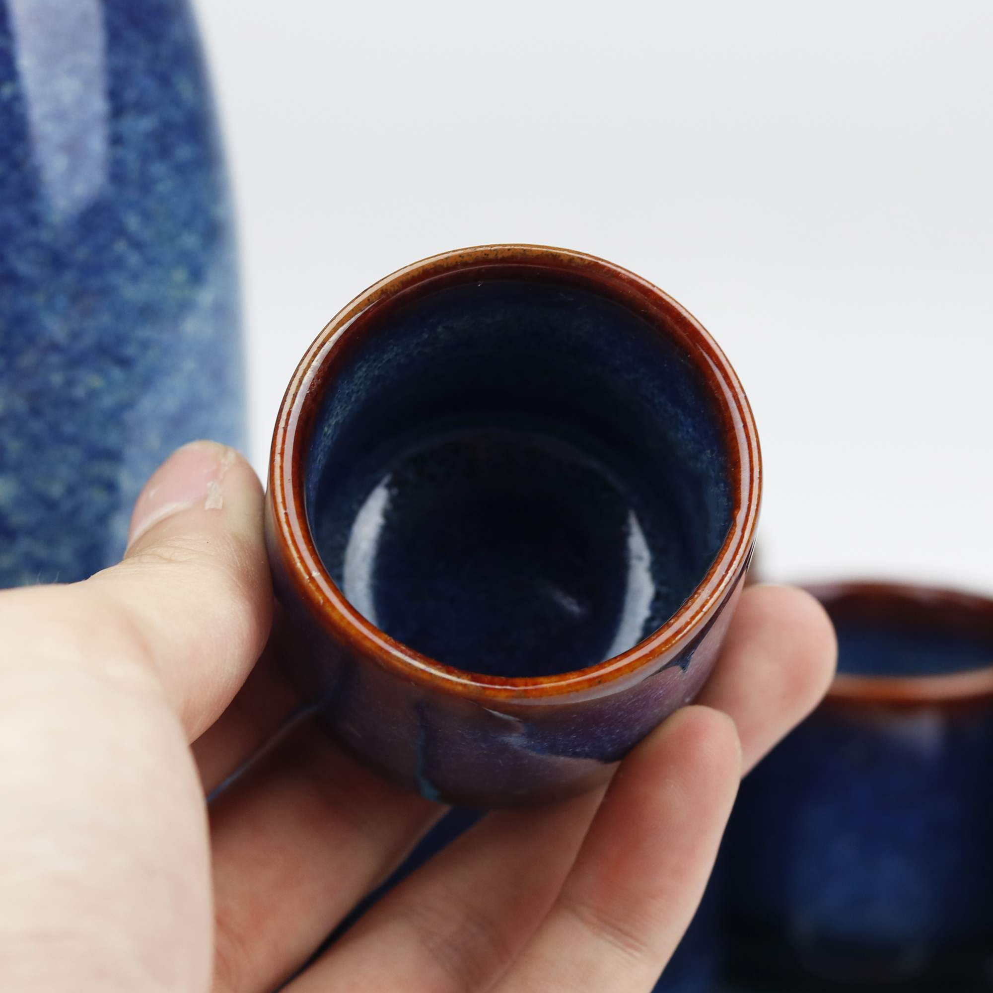Bộ Sake gốm sứ men hỏa biến Bát Tràng cao cấp-300ml- Đĩa quạt