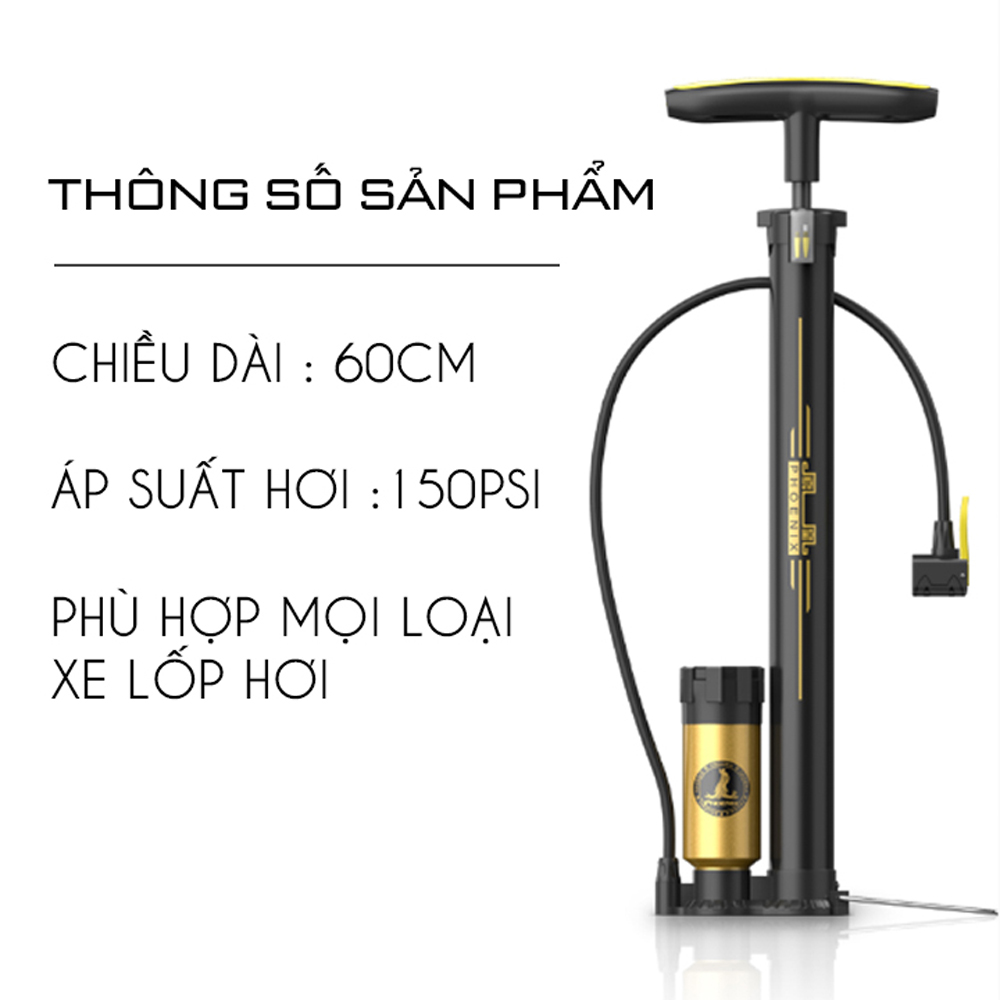 Bơm xe đạp, xe máy cầm tay có bình nén áp lực 150PSI, đồng hồ đo áp suất lốp cao cấp, chiều dài dây bơm 60cm từ cao su bền dẻo dai