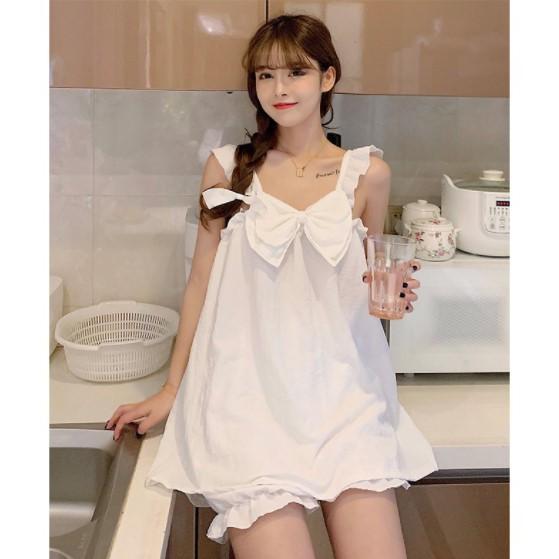 Set đồ ngủ hai dây thiết kế kết nơ cổ kết hợp quần bí ngô siêu cute S023