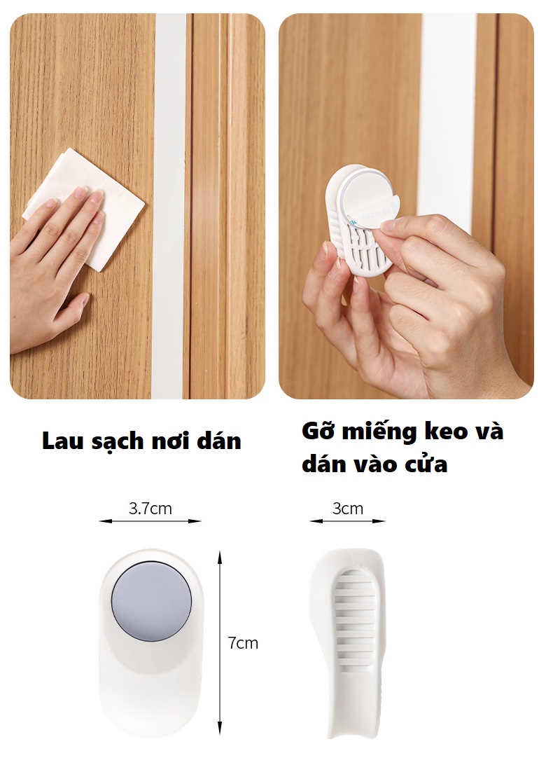 Dụng cụ chặn cửa ABS cao cấp dán cố định màu trắng xoay 180 độ chống kẹt tay, an toàn, giảm tiếng ồn
