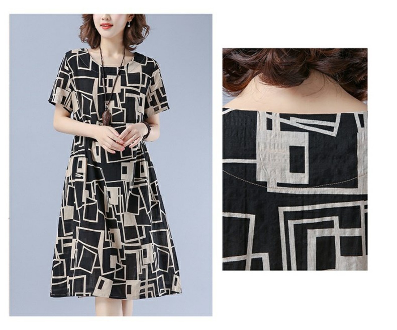 Váy Đầm Trung Niên- Đầm Linen Suông In Hoạ Tiết Tay Ngắn Chất Linen Mát Đũi Việt DV167