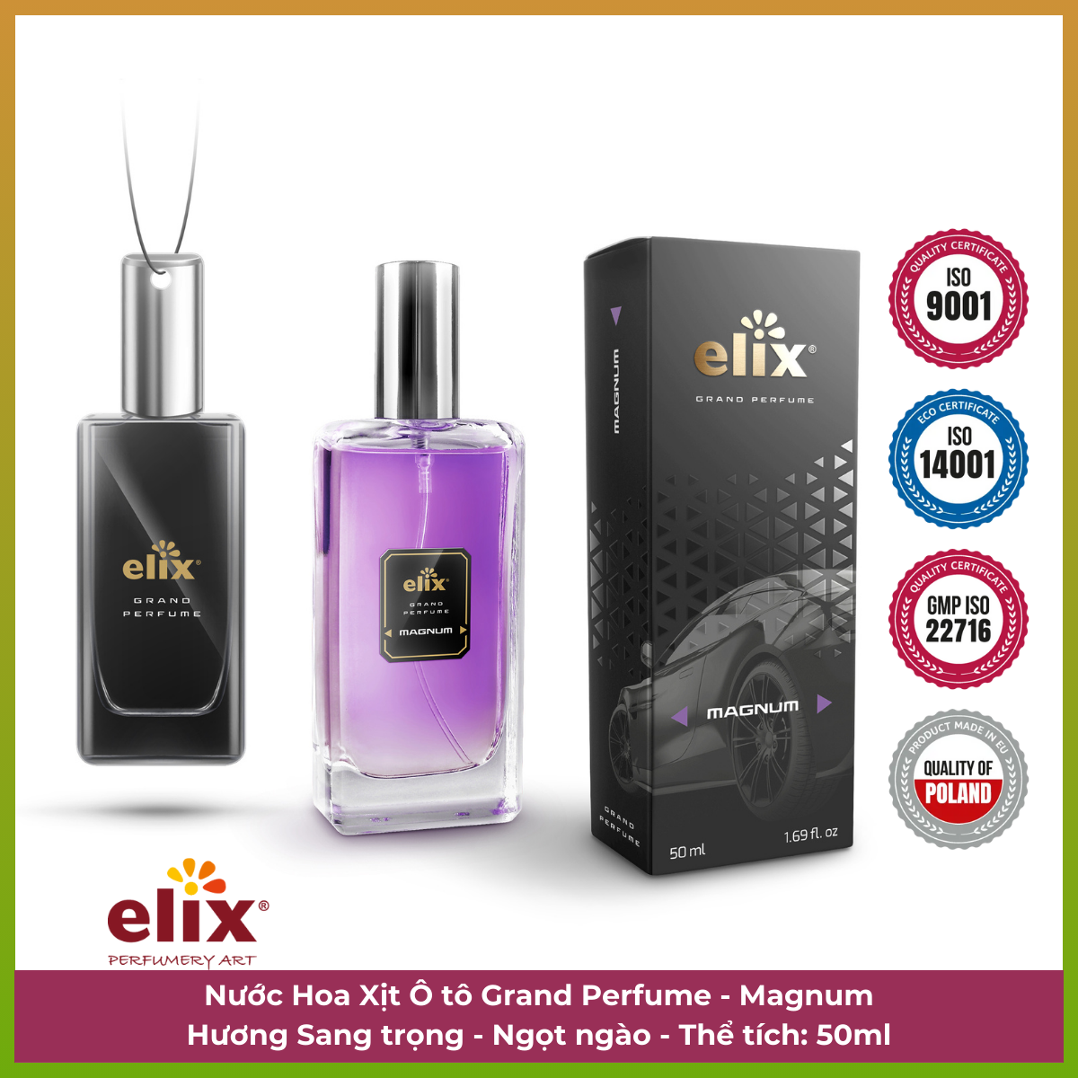 Nước hoa xịt ô tô Elix Grand Perfume Magnum 50ml  - Hương Sang Trọng, ngọt ngào - Hàng chính hãng nhập khẩu Ba Lan, mùi hương tự nhiên an toàn