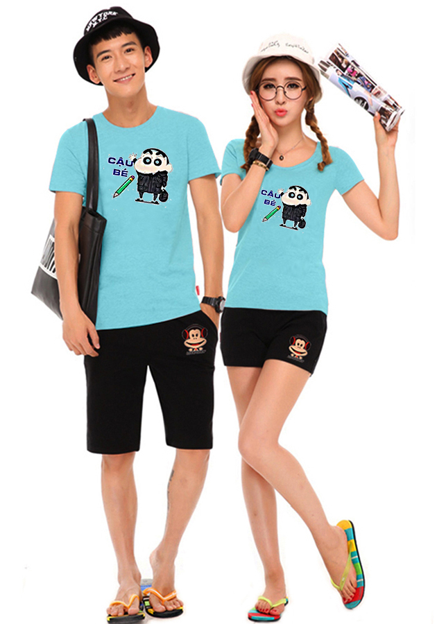 Bộ Áo Thun Đôi Nam Nữ Shin Màu Xanh Thiên Thanh