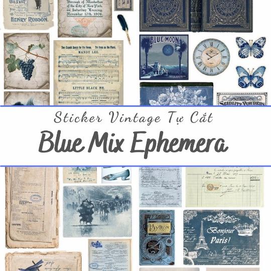 Sticker tự cắt Blue mix ephemera - sticker vintage dán, trang trí sổ nhật kí, sổ tay | Bullet journal - kc003