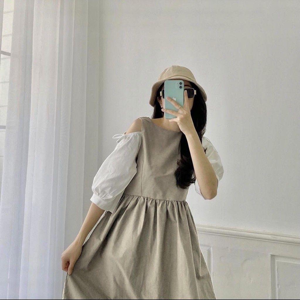 Đầm Tiểu Thư Khoét Vai Váy Babydoll Nữ Tay Phối Màu Dáng Lỡ Q026