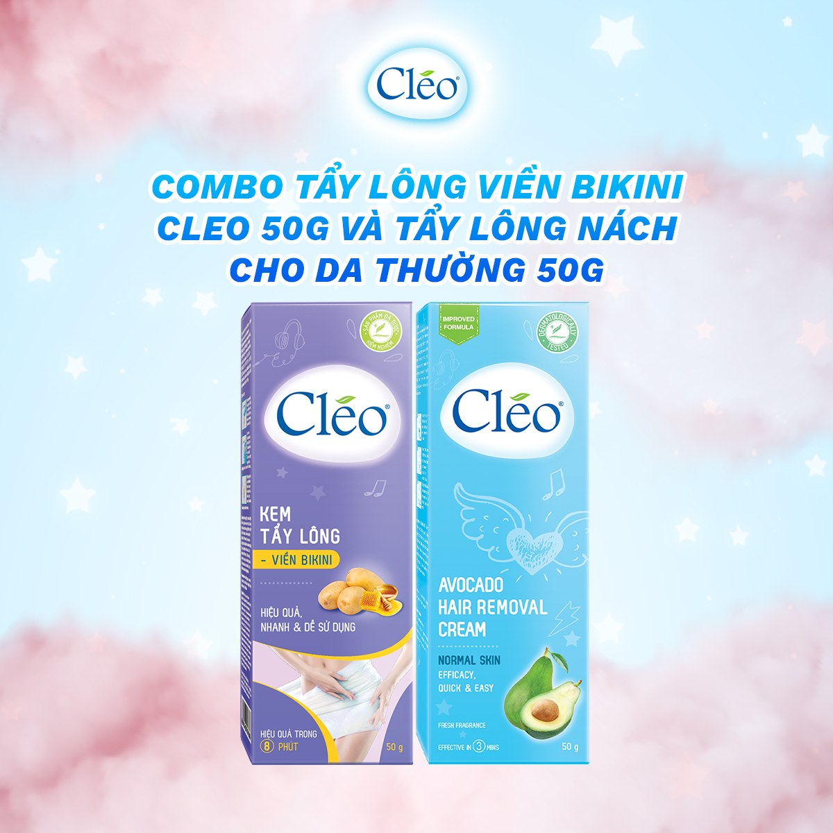 Combo tẩy lông Bikini Cléo, an toàn, không đau rát, hiệu quả trong 8 phút 50g và tẩy lông nách Cléo cho da thường 50g