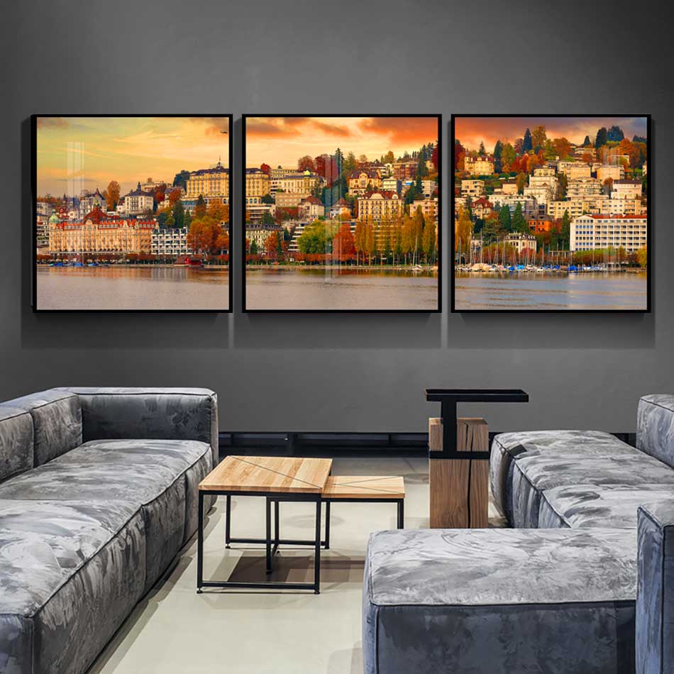 Tranh canvas treo tường Decor thành phố cách điệu thành phố bên sông hiện đại - DC120