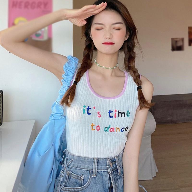 Áo Hai Dây Dệt Kim Thêu Chữ Phong Cách Hàn Quốc Cho Nữ