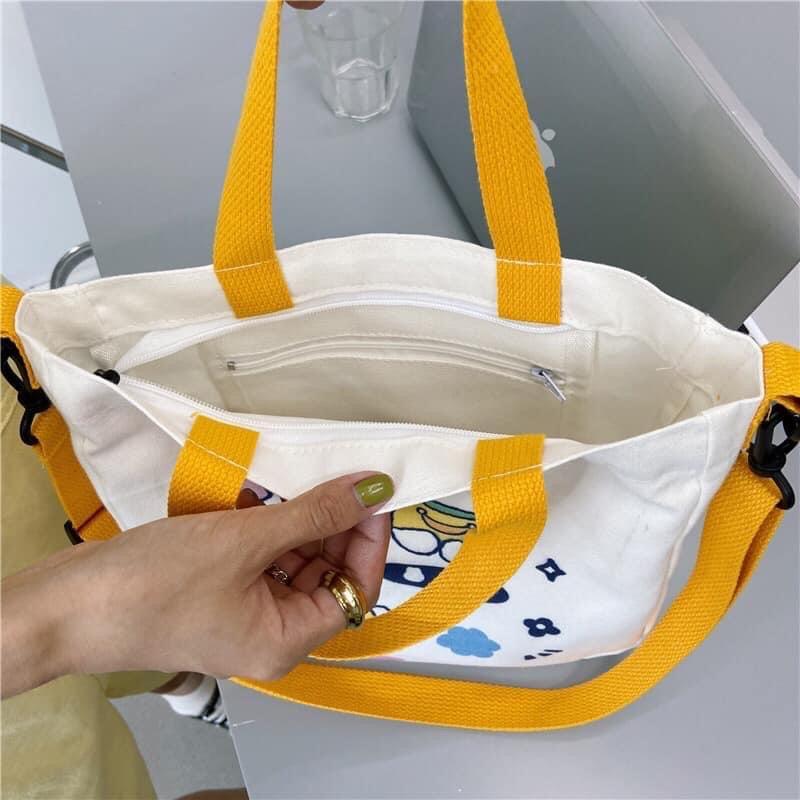 Túi Tote Túi Vải Nữ Canvas đeo chéo Thỏ mini Trắng phong cách Hàn Quốc có dây kéo và ngăn phụ mang được 2 kiểu tiện lợi