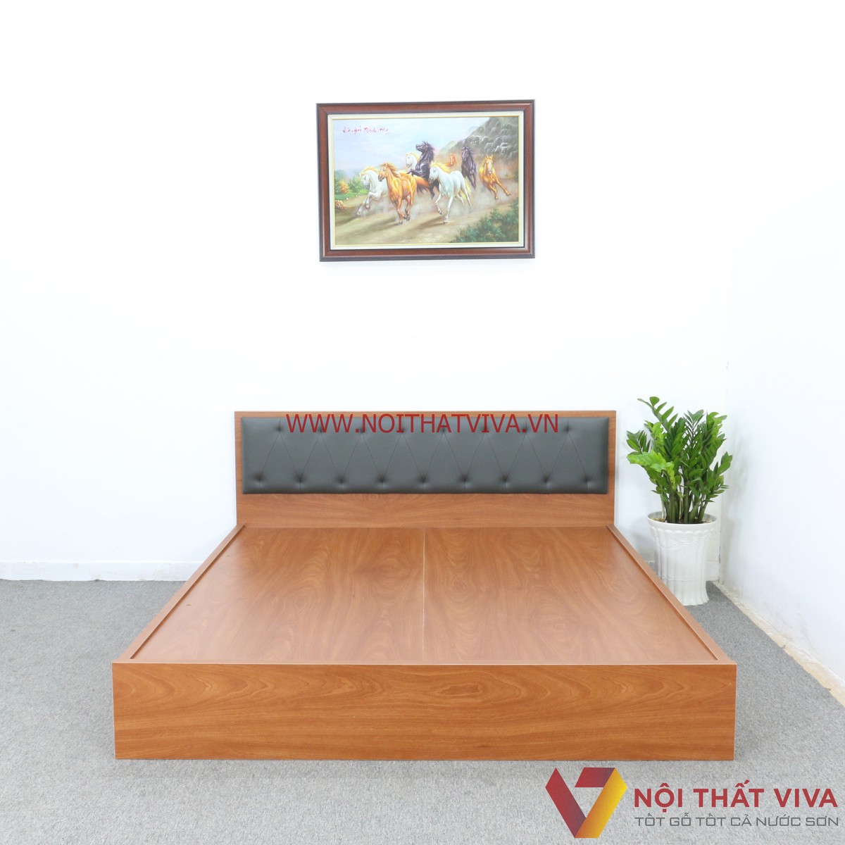 Giường Ngủ Gỗ MDF Melamine Màu Xoan Đào Có Đầu Nệm Đen Đẹp
