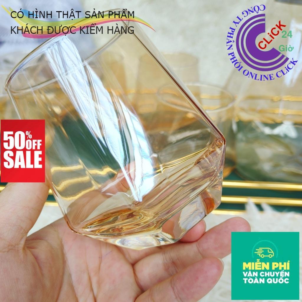 Bộ Bình Thủy Tinh Và 6 Cốc Siêu Dầy Cường Lực, Chịu Nhiệt, Mẫu Kim Cương, Màu Vàng Sang Trọng - Hàng Cao Cấp