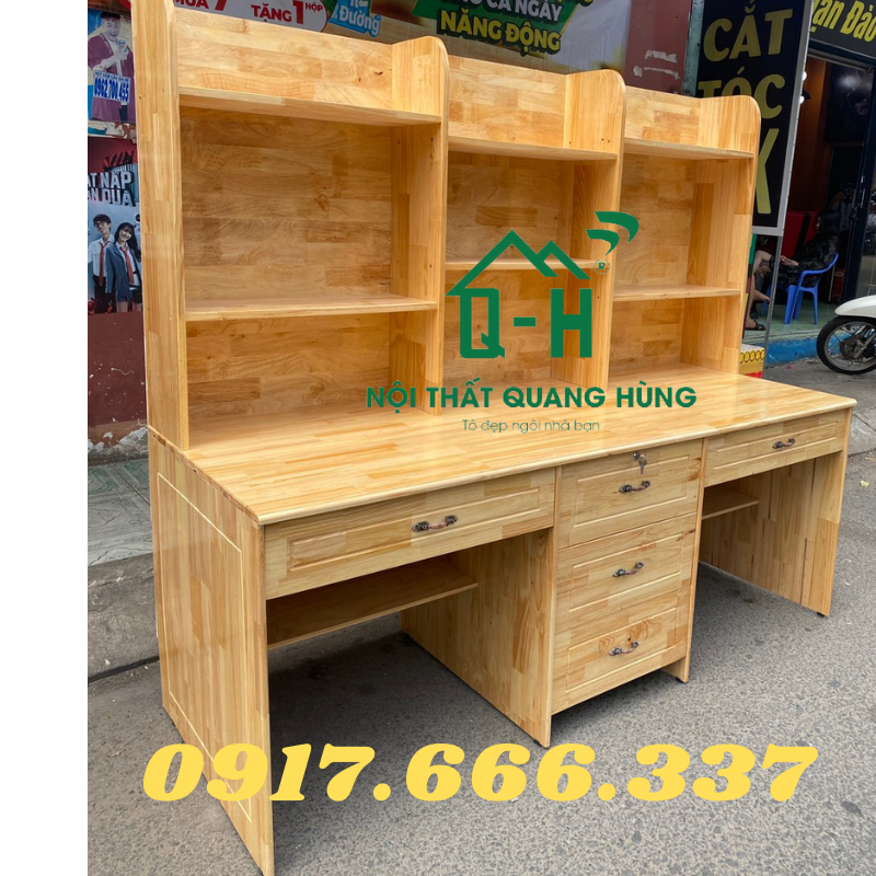 BÀN  HỌC SINH ĐÔI GỖ THÔNG MÀU VÀNG DÀNH CHO BÉ 1M95X1M7X70CM