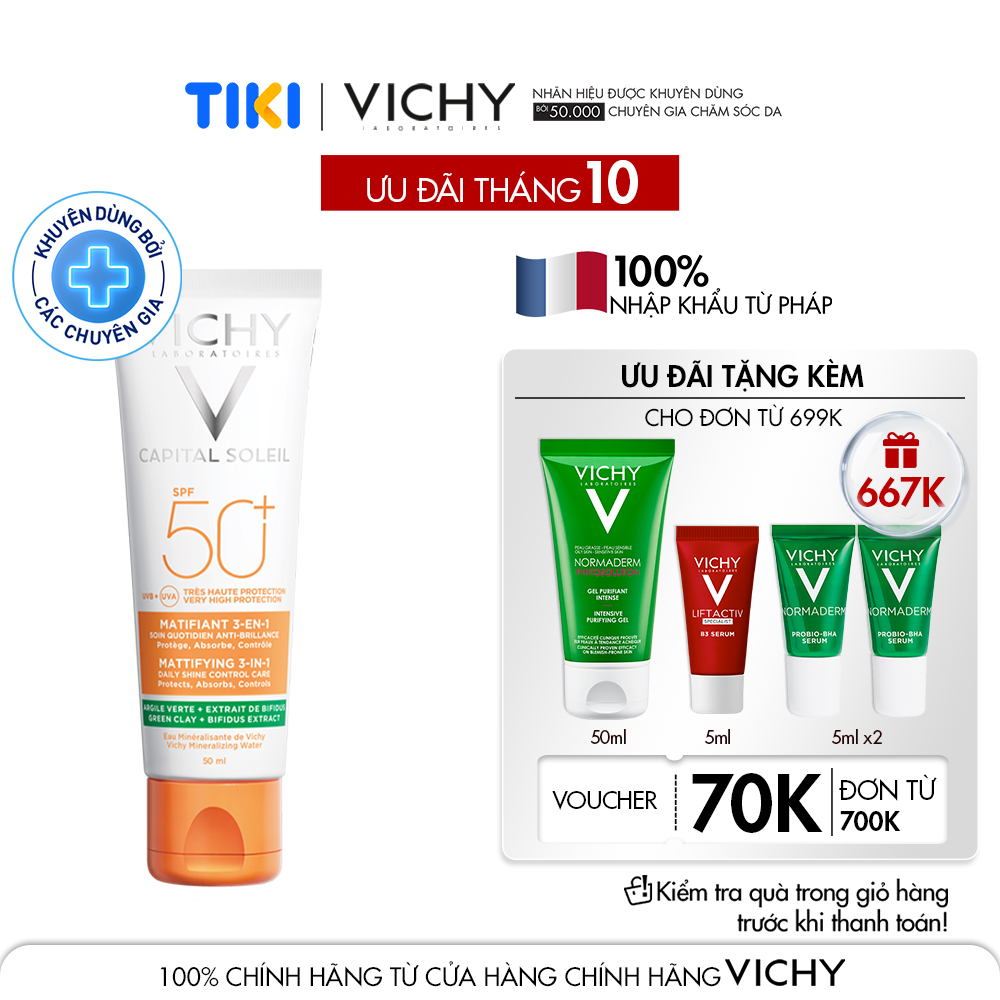 Kem Chống Nắng Chống Ô Nhiễm Và Bụi Mịn Hằng Ngày SPF 50+, Chống Tia UVA + UVB Capital Soleil Mattifying 3 In 1