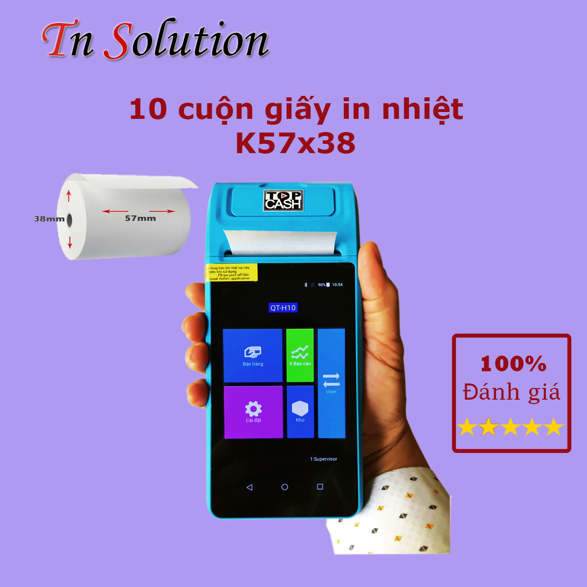 10 cuộn giấy nhiệt in bill, in hóa đơn  TNS khổ K57mm x 38mm dùng cho máy cà thẻ ngân hàng, máy in cầm tay, máy tính tiền POS