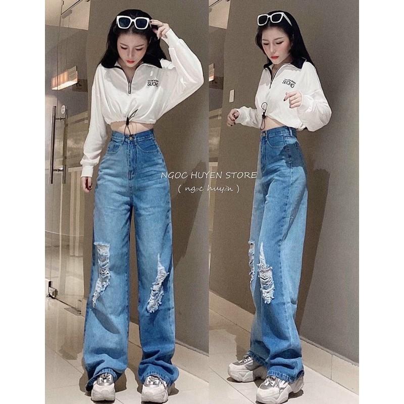 QUẦN JEANS DÁNG SIÊU DÀI RÁCH DÁNG XUÔNG- [hình thật