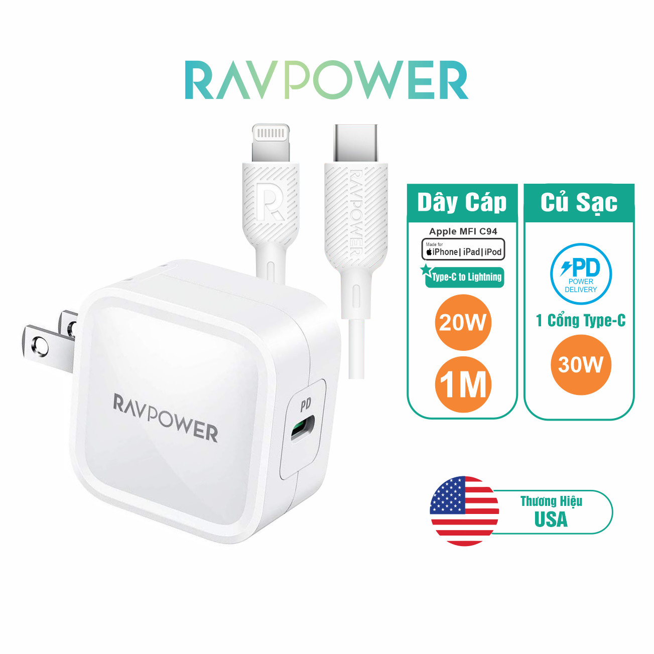 Combo Củ Sạc GaN PD 3.0 30W QC 3.0 18W RP-PC120 Và Cáp USB Type C to Lightning MFI C94 20W RAVPower RP-CB054 - Hàng Chính Hãng