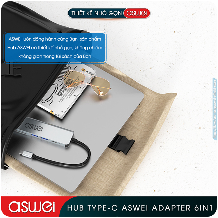 Hub Type C ASWEI 6 in 1 To HDMI, USB 3.0, SD, TF, PD 100W - Hàng Chính Hãng