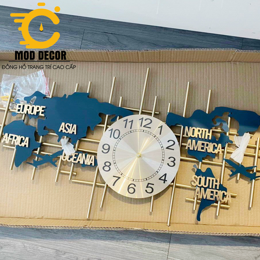 Đồng Hồ Treo Tường Hình Map màu xanh decor phòng khách sang trọng 2115