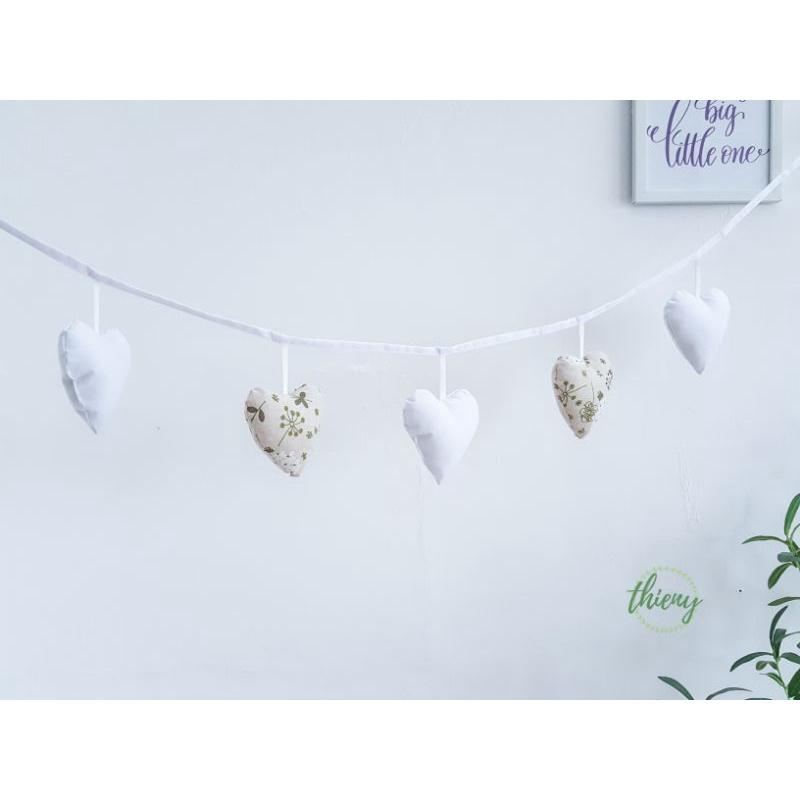 Dây trái tim vải cotton kaki xịn, may đẹp - trang trí, Decor, Sinh nhật, màu trắng hoa cẩm tú cầu