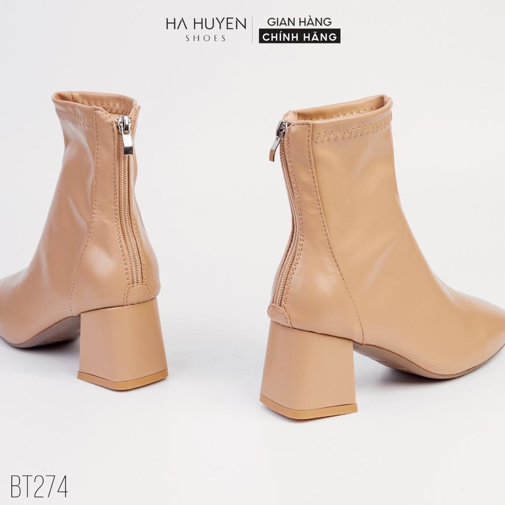 Giày bốt nữ Hà Huyền Shoes boot da lì mũi vuông chỉ lệch khóa sau gót vuông 5 phân - BT274