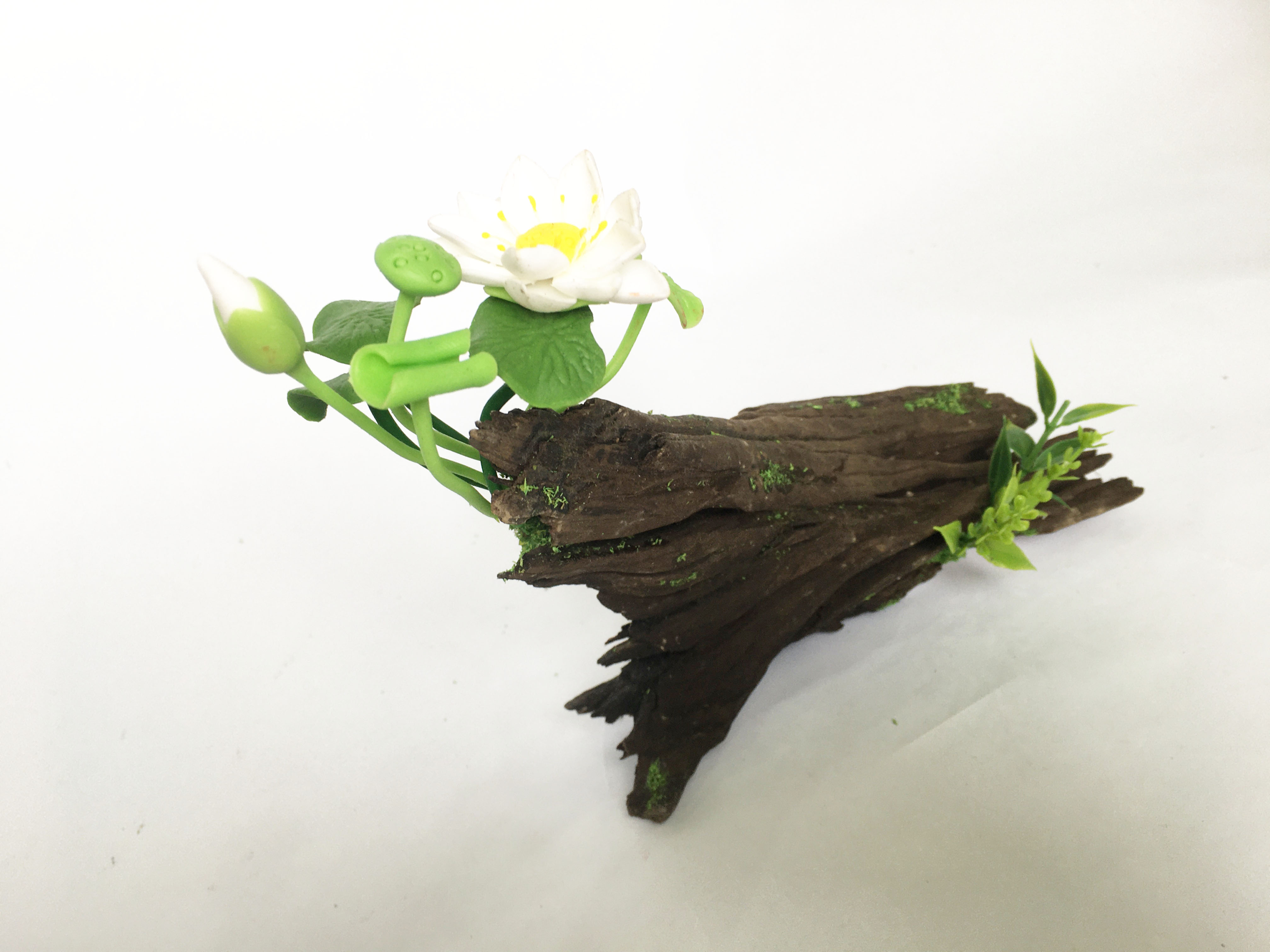 Lũa gỗ hình dáng tự nhiên kết hợp Hoa sen đất sét mini  - Quà tặng trang trí handmade