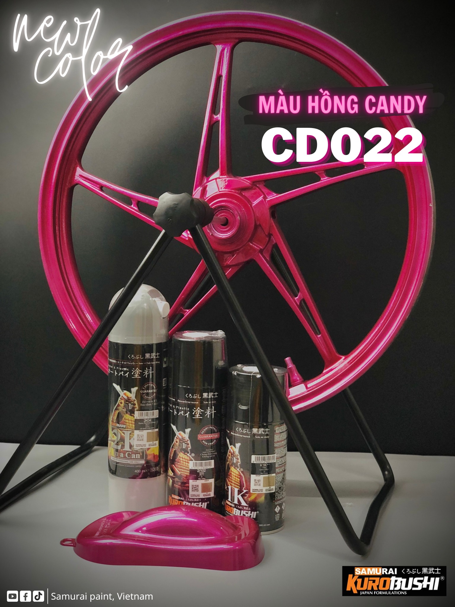 COMBO Sơn Samurai màu hồng candy CD022 gồm 5 chai đủ quy trình (Lót - Nền 124 – Màu 1701 - Màu CD022 - Bóng )