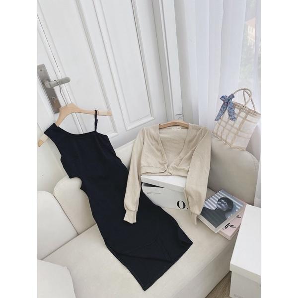 Set đầm body đen lệch dây vai kèm áo khoác nude