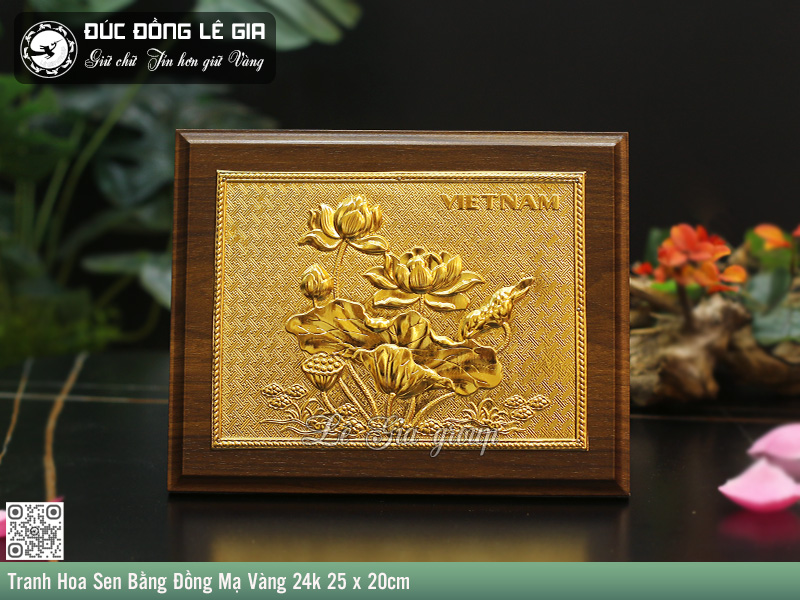 Tranh Hoa Sen Bằng Đồng Mạ Vàng 24k 25 x 20cm