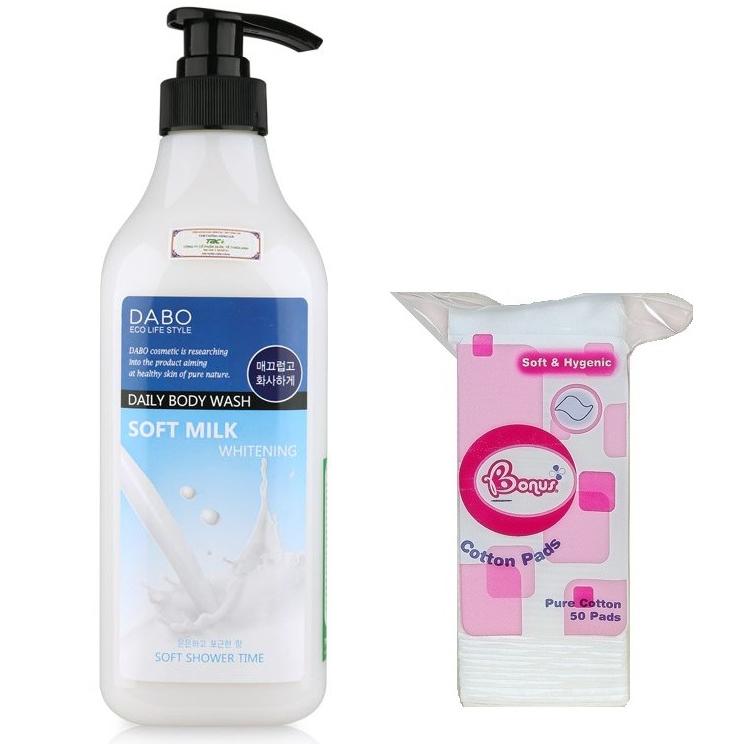 Combo 1 sữa tắm trắng da thơm mát tinh chất sữa tươi Dabo Whitening Soft Milk Hàn quốc ( 750ml) + 1 bông tẩy trang 50 miếng