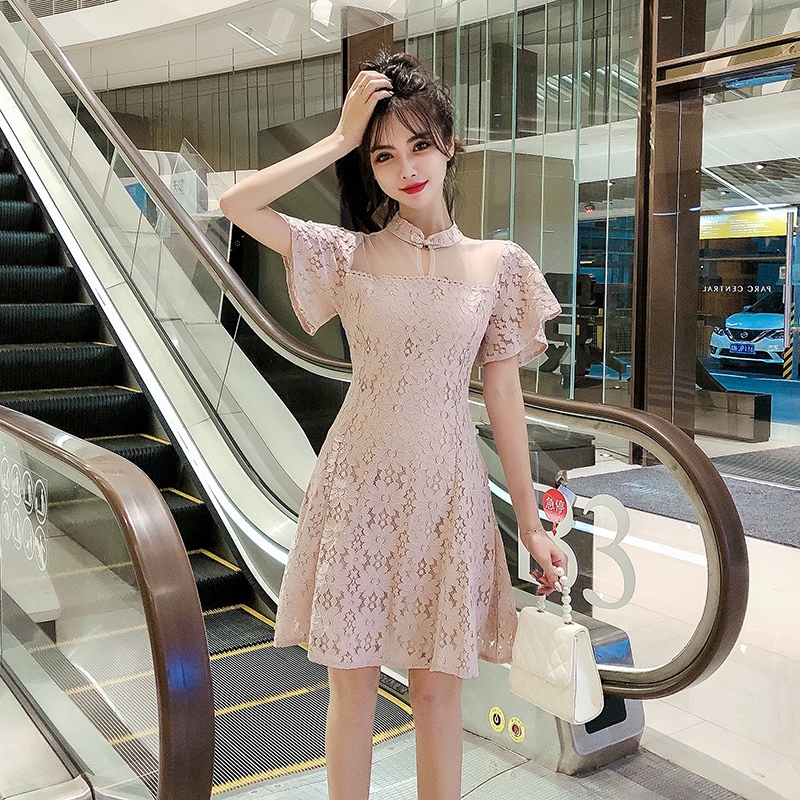 Hàng Quảng Châu - Đầm xòe ren hoa cổ tàu màu hồng siêu dễ thương - d66191