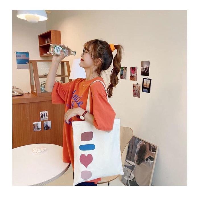Túi Tote Túi Vải Canvas Hình học phong cách Hàn Quốc có dây kéo và ngăn phụ