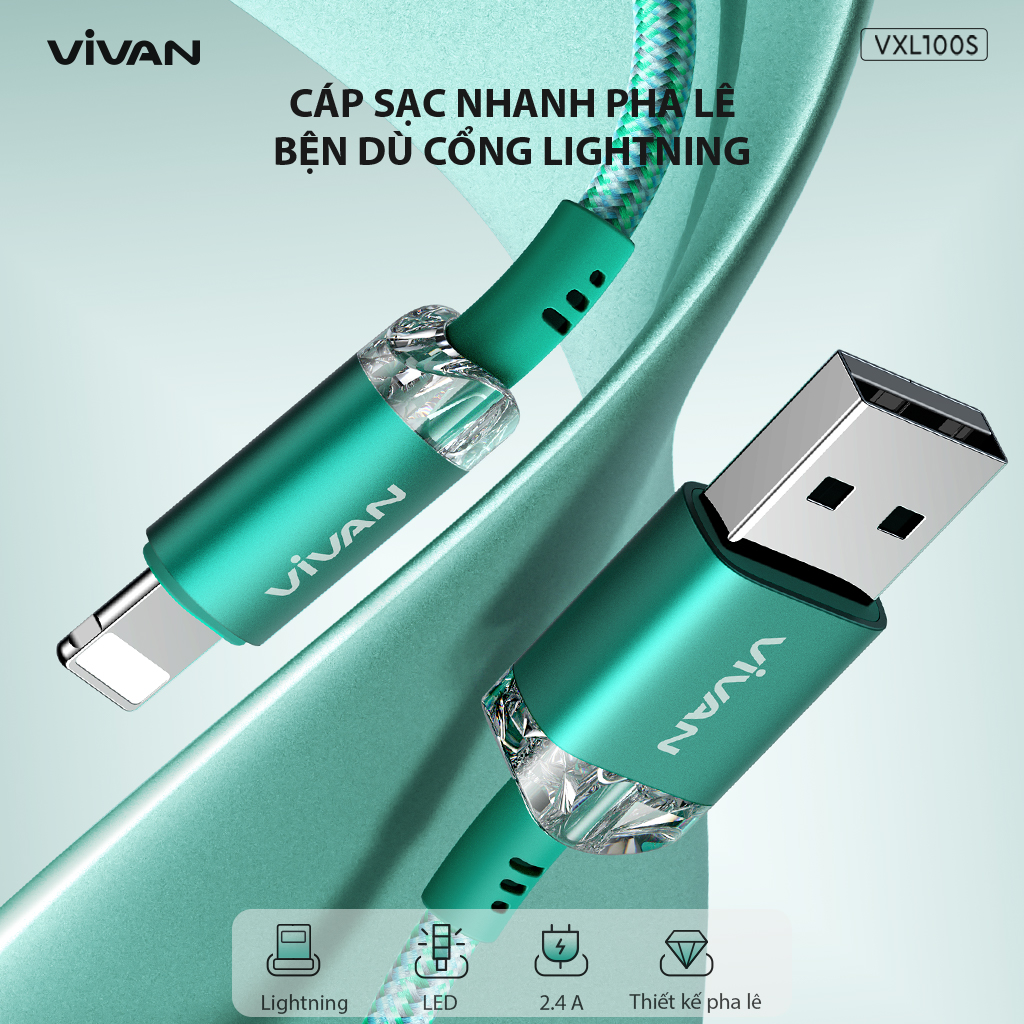 Cáp Sạc Nhanh VIVAN VXM / VXC / VXL - 100S Thiết Kế Pha Lê Chất Liệu Dây Dù Bền Bỉ Sạc Và Truyền Dữ Liệu - HÀNG CHÍNH HÃNG