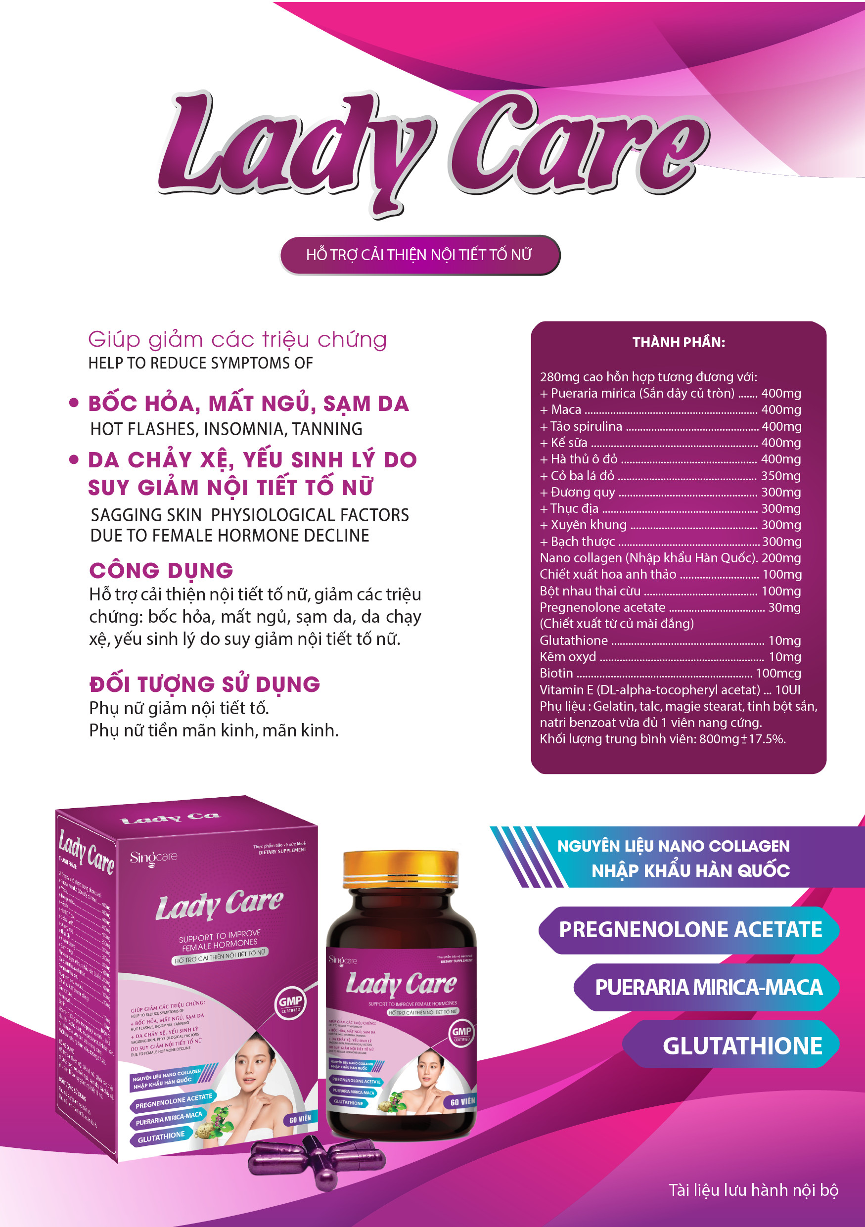 Thực phẩm bổ sung LADY CARE (Lọ 60 viên) - Hỗ trợ cải thiện nội tiết tố nữ, giảm triệu chứng: bốc hỏa, mất ngủ, sạm da