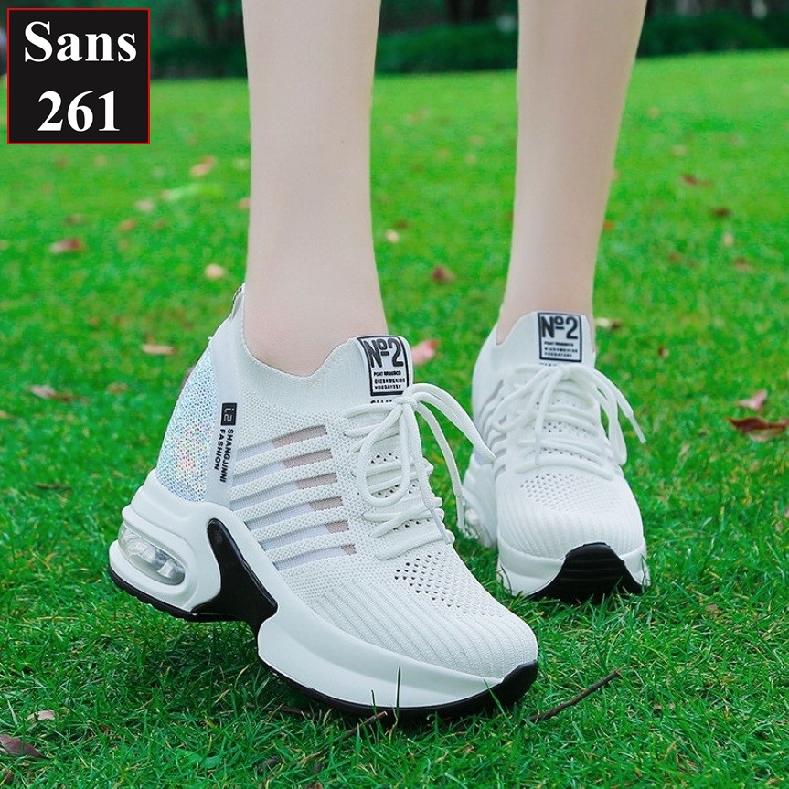 Sneaker nữ độn đế 7cm Sans261 giày thể thao nữ tăng chiều cao 6cm chất vải trắng đen thoáng khí sport sneakers thun